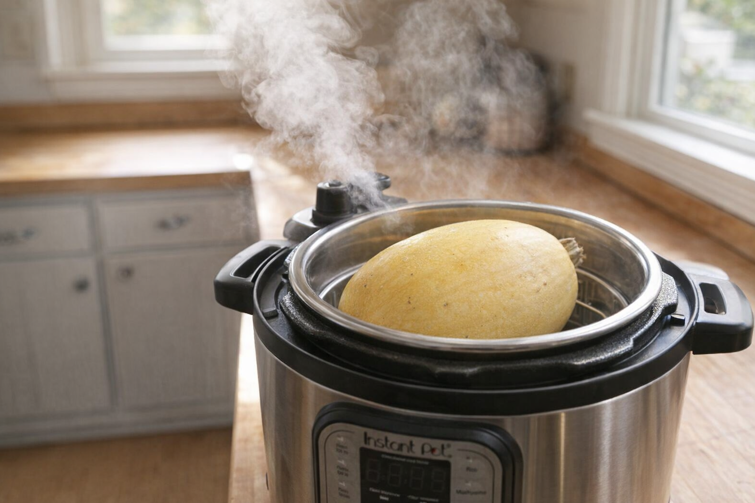 An Instant Pot with a whole spaghetti squash inside, steam releasing from the valve, bright kitchen lighting